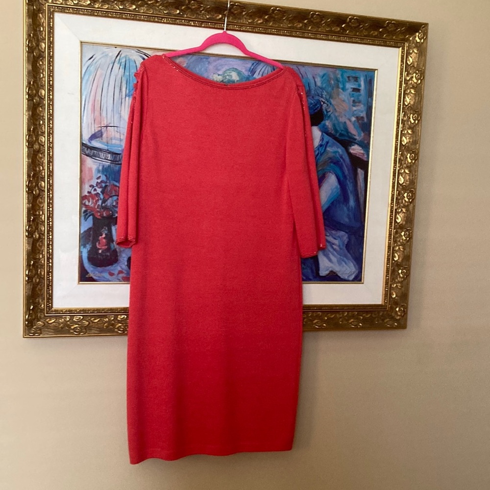 St. John Evening coral Sheath Dress 3/4 Dolman Sleeves Bateau Neckline